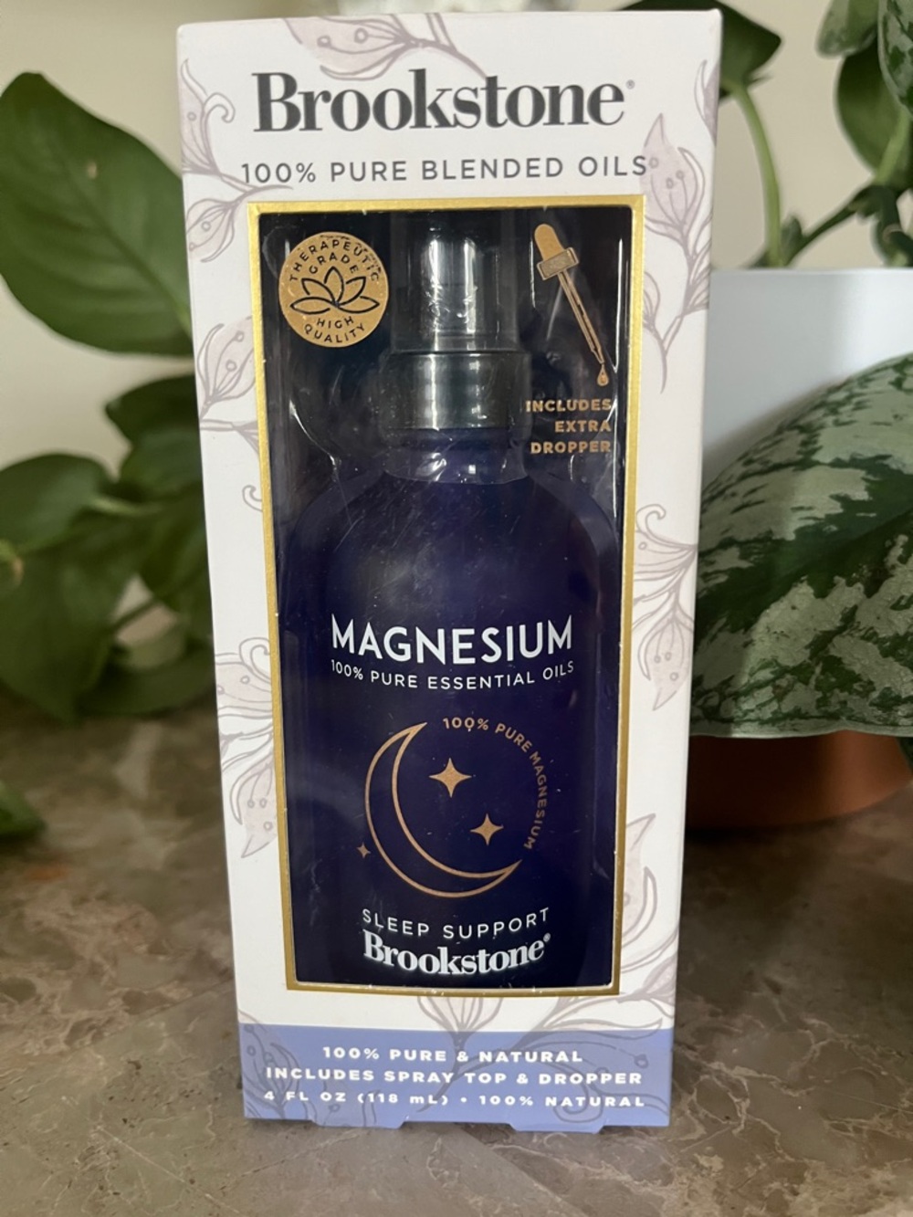 Brookstone Magnesium Sleep Support Spray - Deep Navy Bottle with Gold Accents